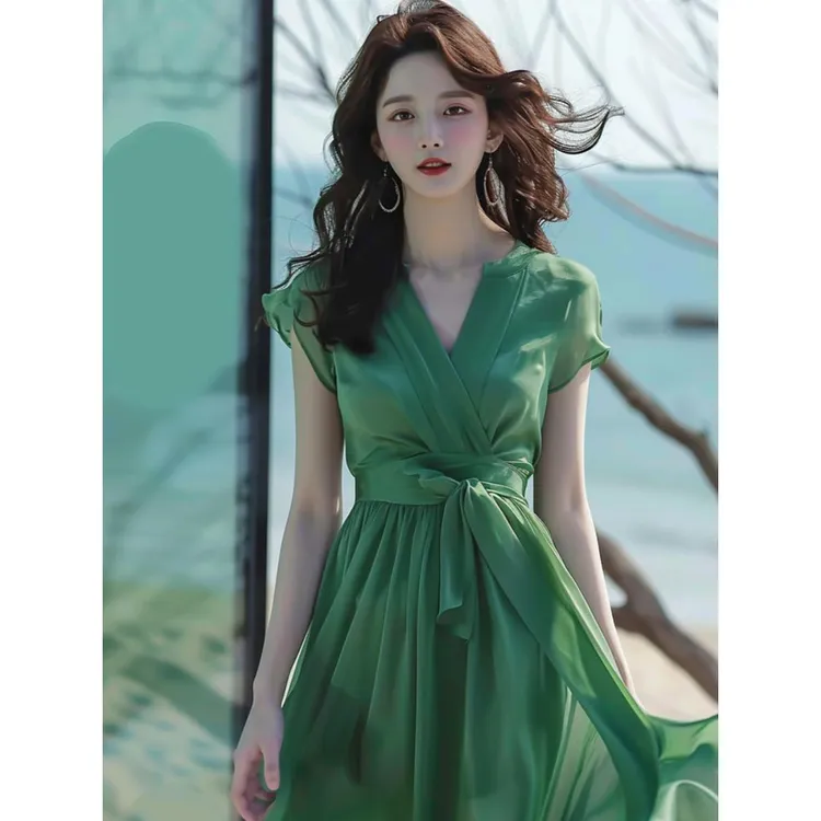 海边度假风绿色雪纺连衣裙夏款茶歇法式气质绝美初恋清纯奶甜裙子