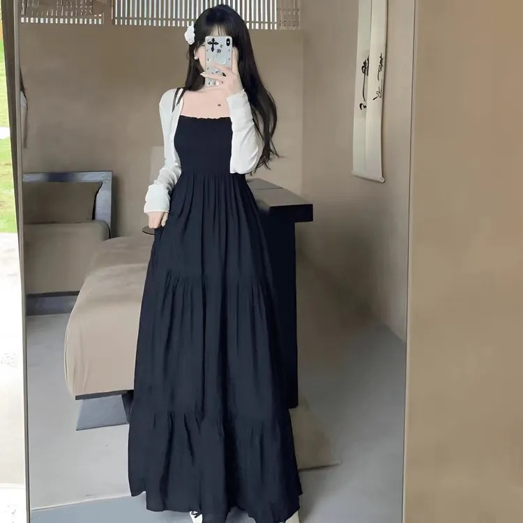 法式气质长款吊带连衣裙披肩长袖罩衫两件套女春夏季新款时尚套装