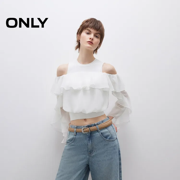 ONLY2025夏季新款简约无袖针织背心荷叶边套装蕾丝衫女|125251001