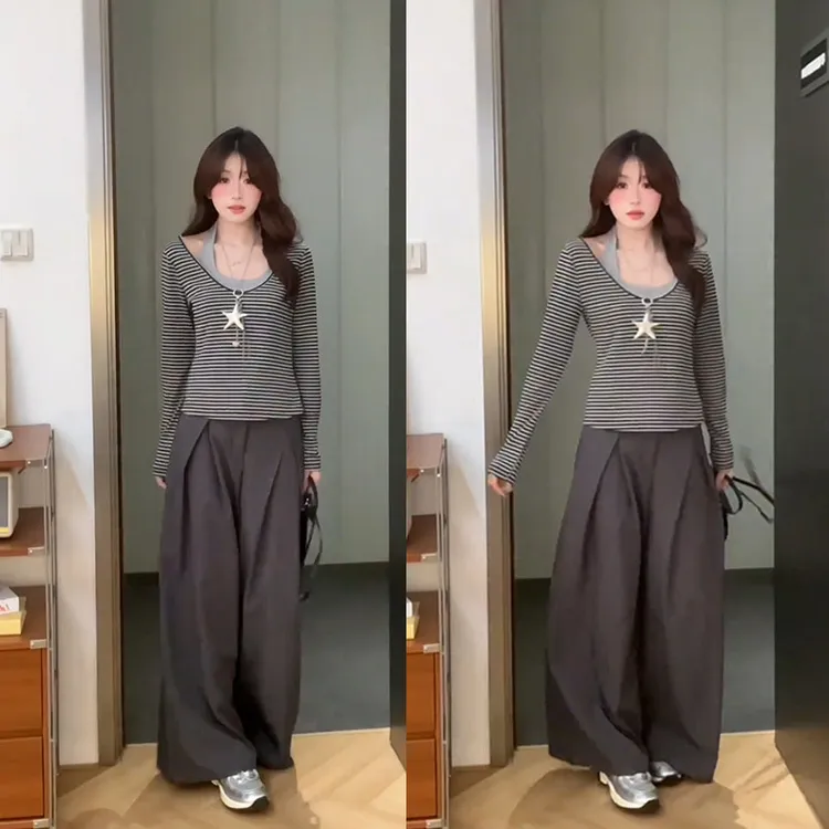 2025秋季新款百搭时尚显瘦条纹挂脖假两件上衣女加阔腿裤两件套装