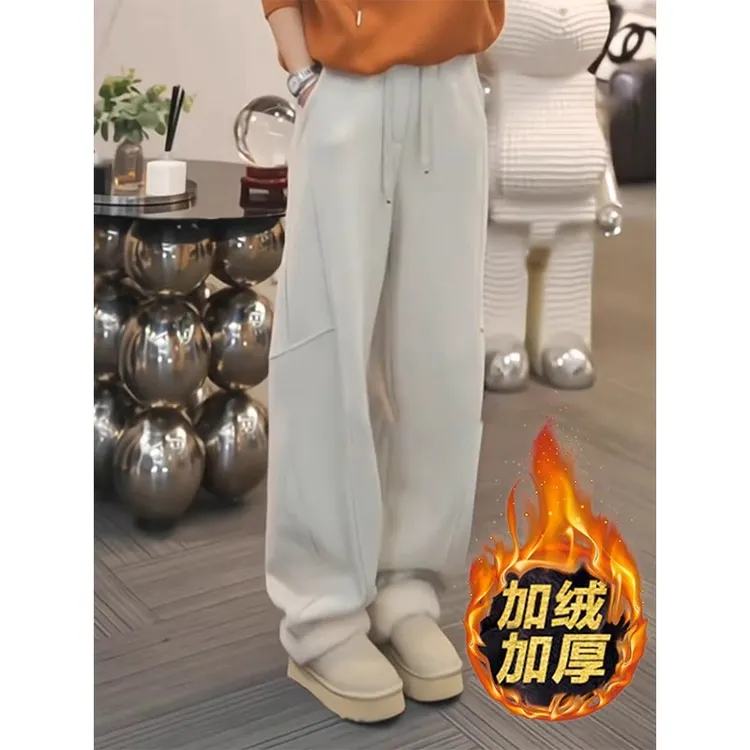 2025冬季新款女士灰色时尚百搭高腰阔腿裤加绒加厚保暖休闲裤子