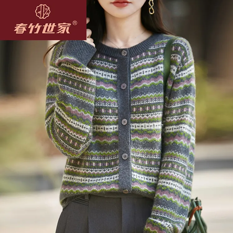 春竹世家名品牌早秋复古条纹针织开衫外套女大码女装上衣秋冬毛衣