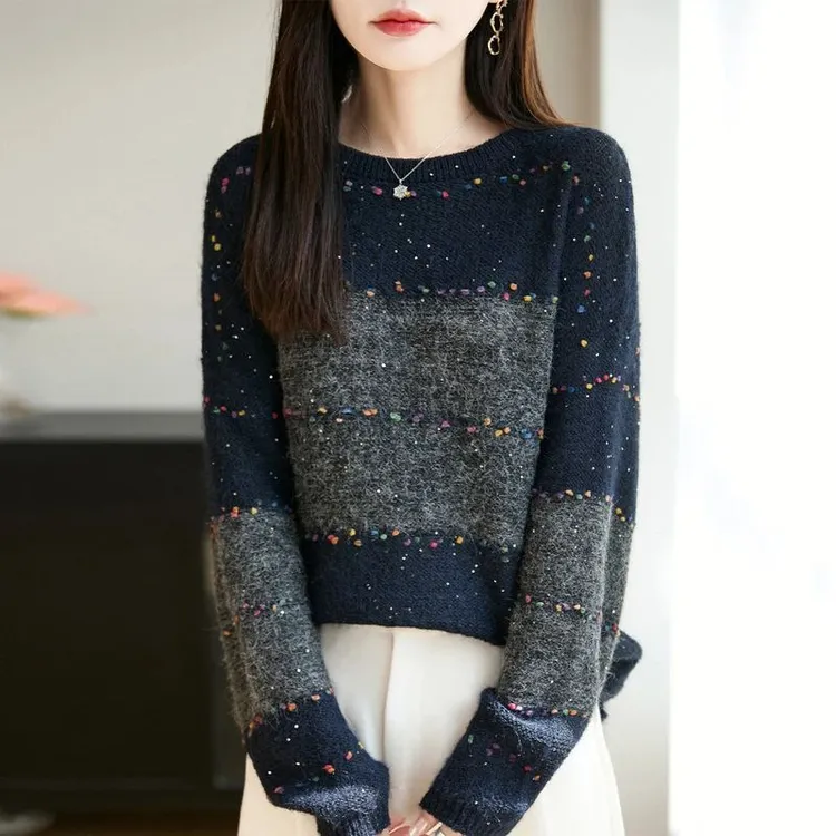 品牌撤柜正品拼色亮片圆领宽松针织衫秋季新款休闲时尚洋气毛衣