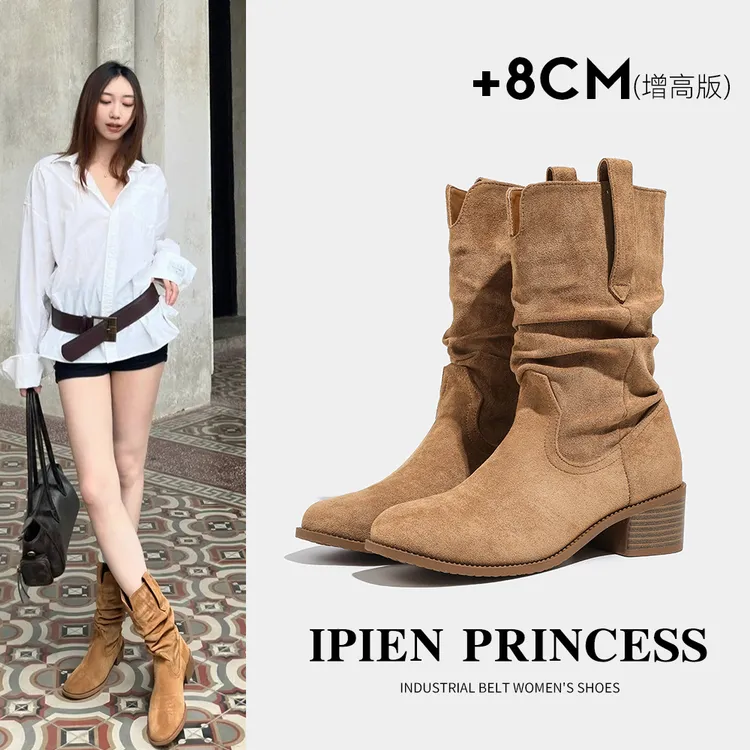 2025秋季复古潮流美拉德西部牛仔短靴旅游百搭骑士靴中筒马丁靴女