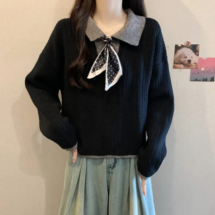 大码设计感撞色翻领围巾针织衫毛衣女秋冬胖mm洋气减龄遮肚打底衫