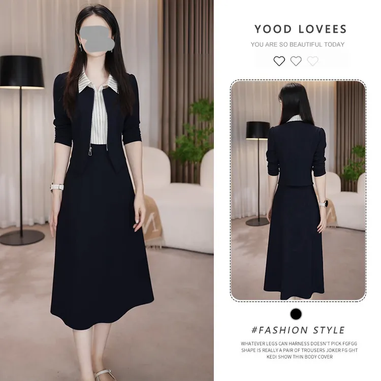2025春秋新款时尚长袖连衣裙女气质显瘦设计感翻领假两件休闲裙子