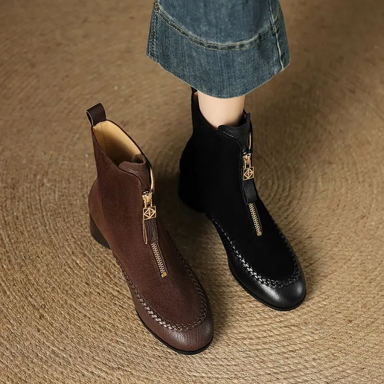 2025真皮简约时装靴秋冬圆方头女靴复古瘦瘦靴羊皮英伦风粗跟6228