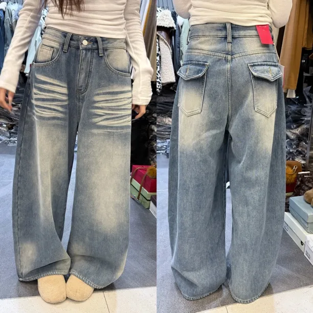 冬季加绒/美式复古高腰宽松显瘦阔腿牛仔裤