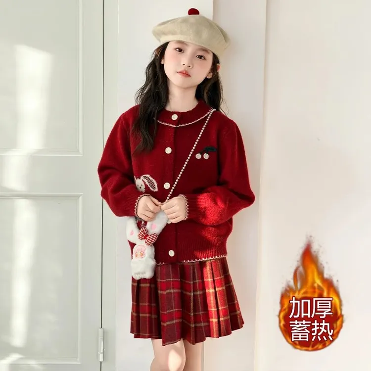 童装女童套装秋冬2025新款洋气时髦儿童拜年红色毛衣针织衫百褶裙