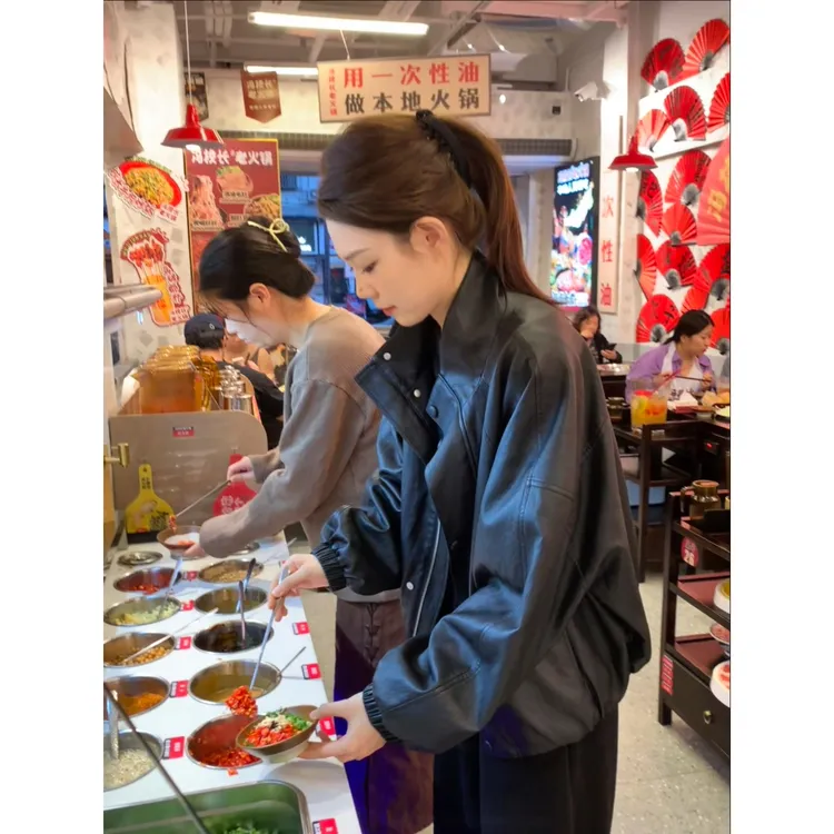 【飞行皮衣】 加长立领金属丝PU蛋白皮复古廓形皮衣外套25278