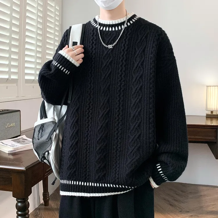 青少年秋冬季圆领针织衫初高中学生男加厚保暖帅气毛衣潮流打底衫