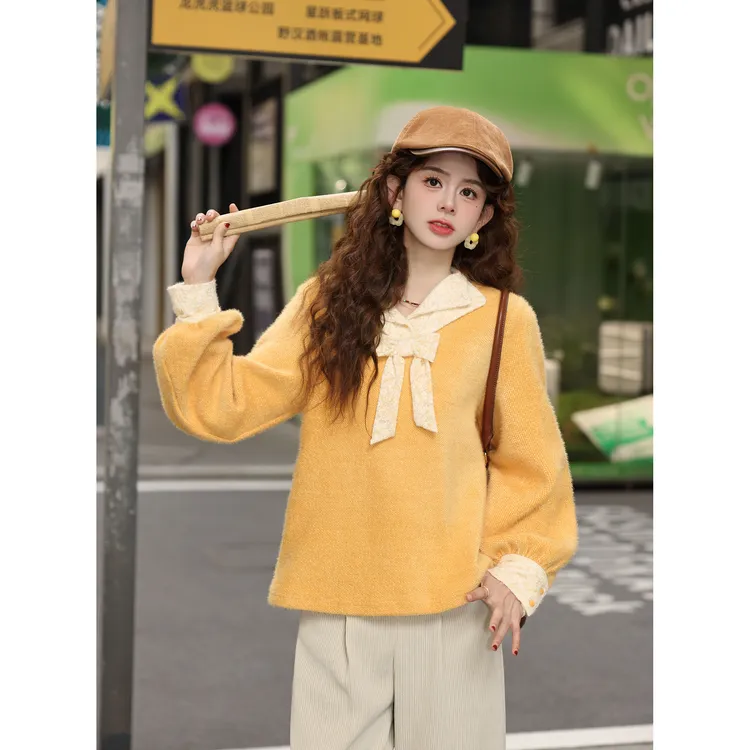 陈大器【银杏满地】港风复古假两件拼接针织宽松百搭毛衣JM8326222