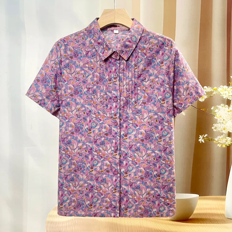 夏季新款全棉老年人夏装女纯棉衬衫短袖妈妈上衣奶奶衣服老人衬衣