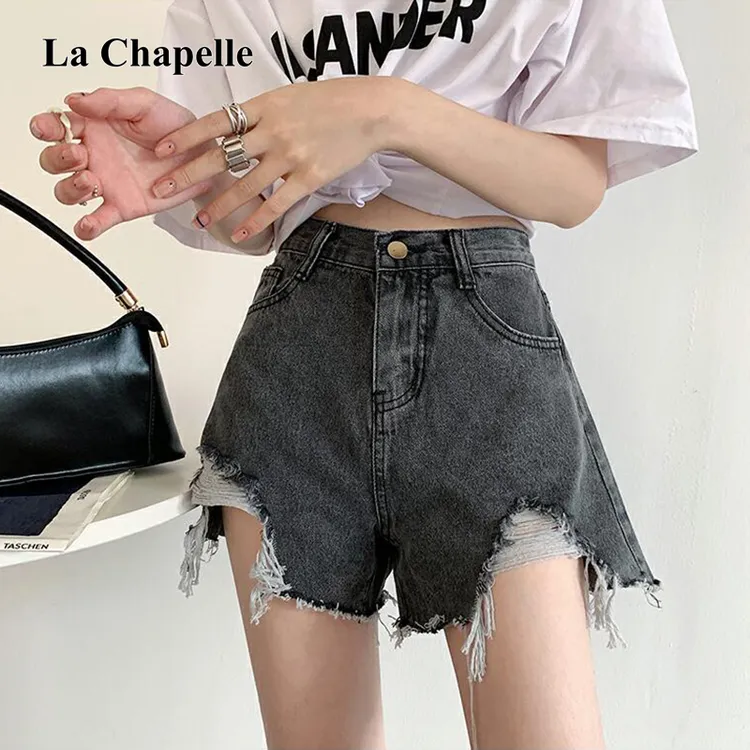 拉夏贝尔韩系破洞牛仔短裤女2025夏季新款流苏毛边高腰显瘦热裤潮