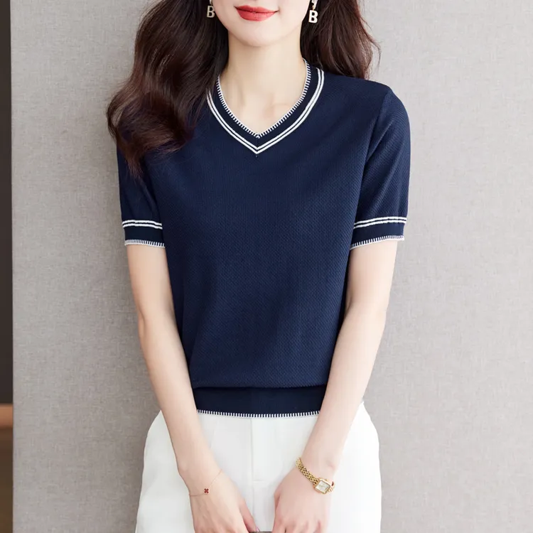 哥弟阿玛施正品夏季桑蚕丝短袖T恤女V领时尚减龄薄款宽松显瘦上衣