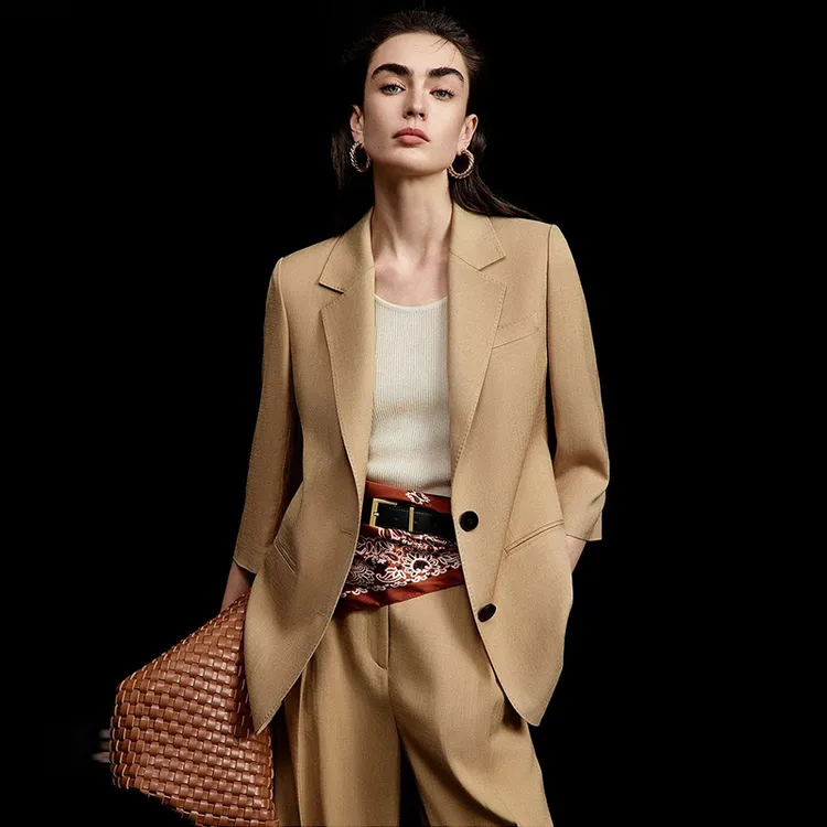 醋酸七分袖薄西装外套2025年轻奢复古翻领气质显瘦职业通勤套装