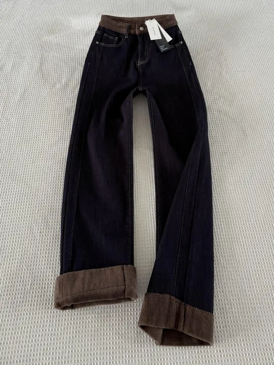 美式复古弹力窄版加绒牛仔裤女秋冬季大码胖mm高腰显瘦撞色直筒裤