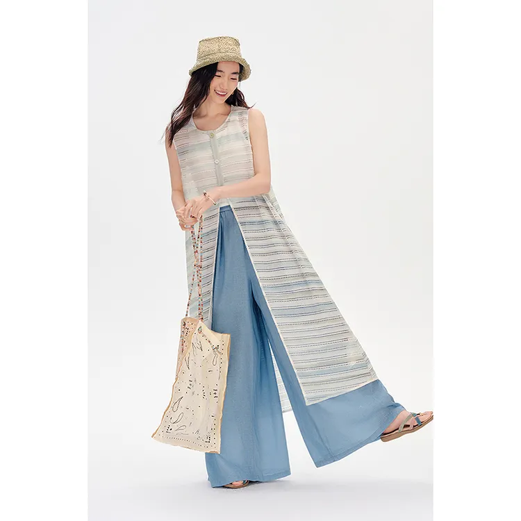 飞鸟和新酒条纹无袖开衫女夏季轻薄款宽松长款休闲毛衫FD53121032