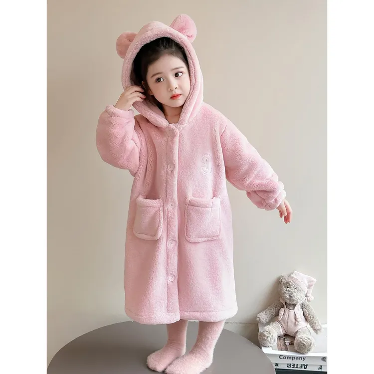 宝宝秋冬款睡袍可爱女童粉色连帽家居裙睡袍2025秋冬小公主珊瑚绒