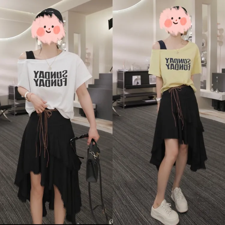 2025夏季新款时尚休闲气质显瘦字母T恤上衣高腰半身裙两件套