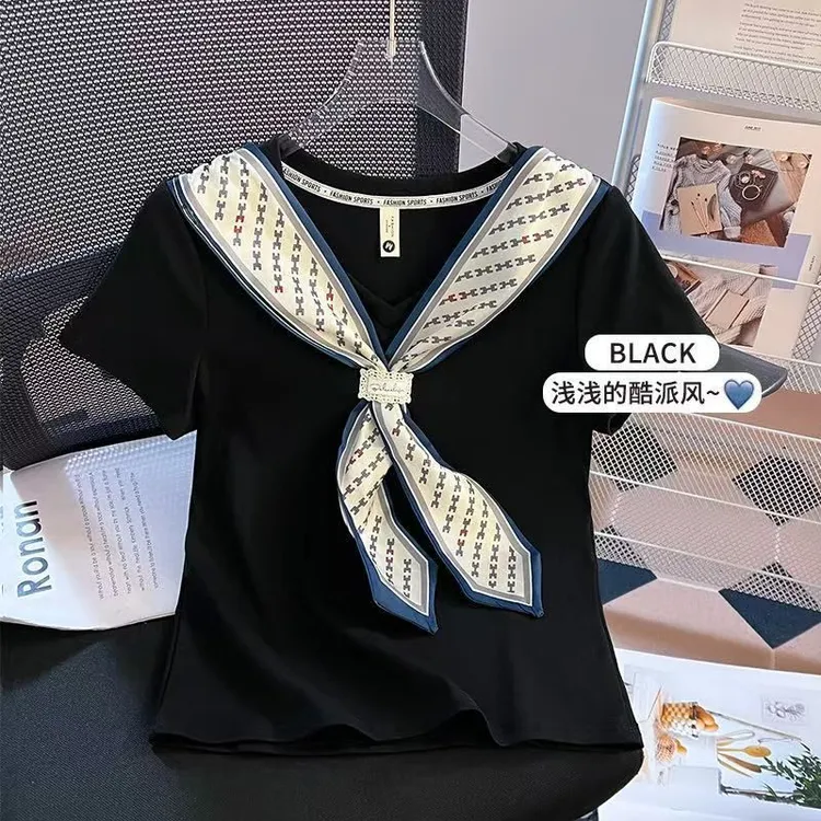 宽松型奥代尔1x1罗纹纯棉210克 #纯棉韩系v领短袖t恤女装2025夏季