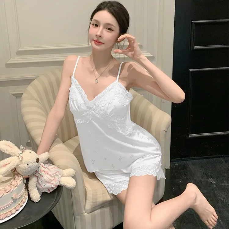 GPSUNLU白月光冰丝吊带短裤夏季性感纯欲风带胸垫睡衣女家居服