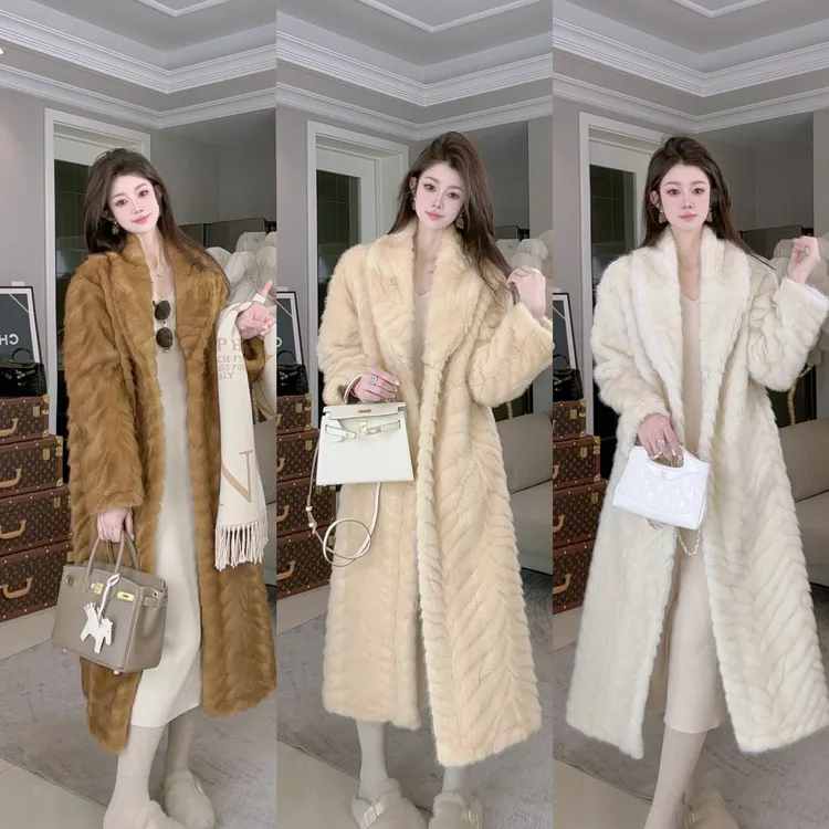 人造皮草 韩系青果领金叶貂水钻扣渐变长款环保皮草女冬季