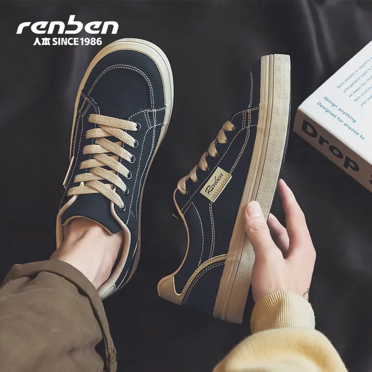 人本官方旗舰店2025新款透气韩版经典复古ootd穿搭薄底帆布鞋黑男