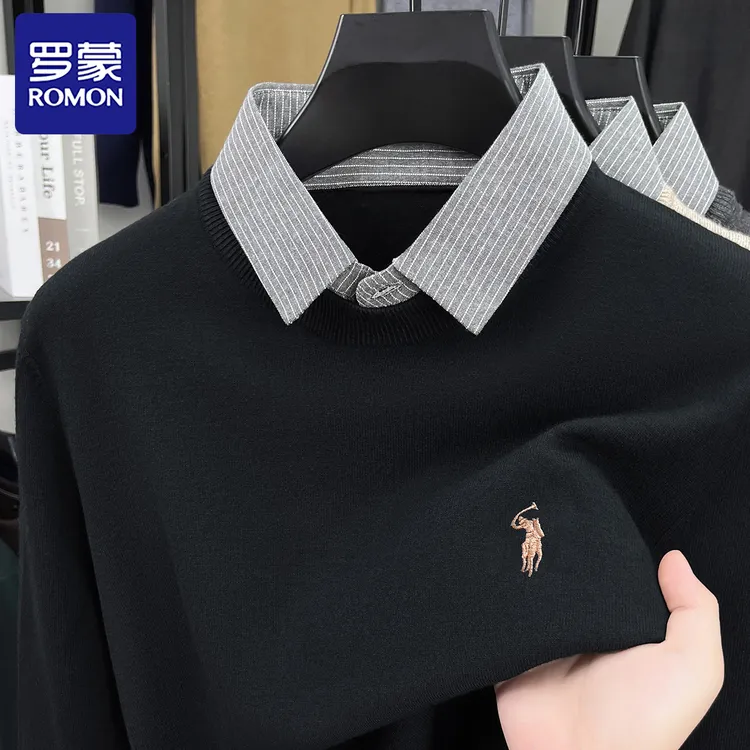 Romon/罗蒙冬季含绵羊毛加厚针织毛衣男士假两件高档刺绣保暖毛衫
