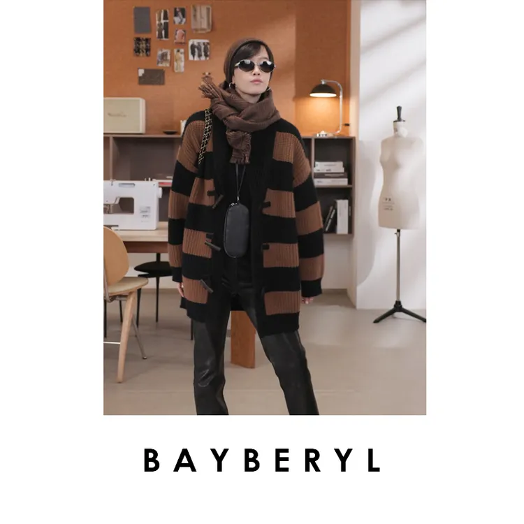 BAYBERYL老贝max牛角扣高克拼色条纹25秋针织开衫9ZZS5H2022-8/21