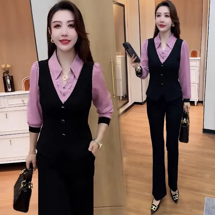 时尚套装女2025秋季新款洋气显瘦假两件长袖衬衫阔腿裤气质两件套
