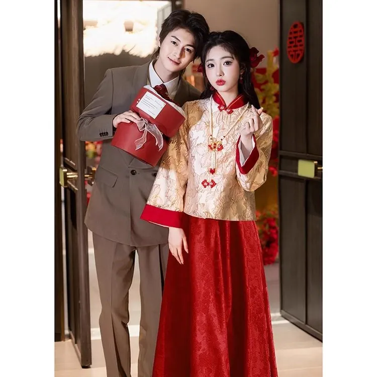 新中式红色旗袍敬酒服孕妇套装大码胖秀禾订婚礼服回门长袖秋冬