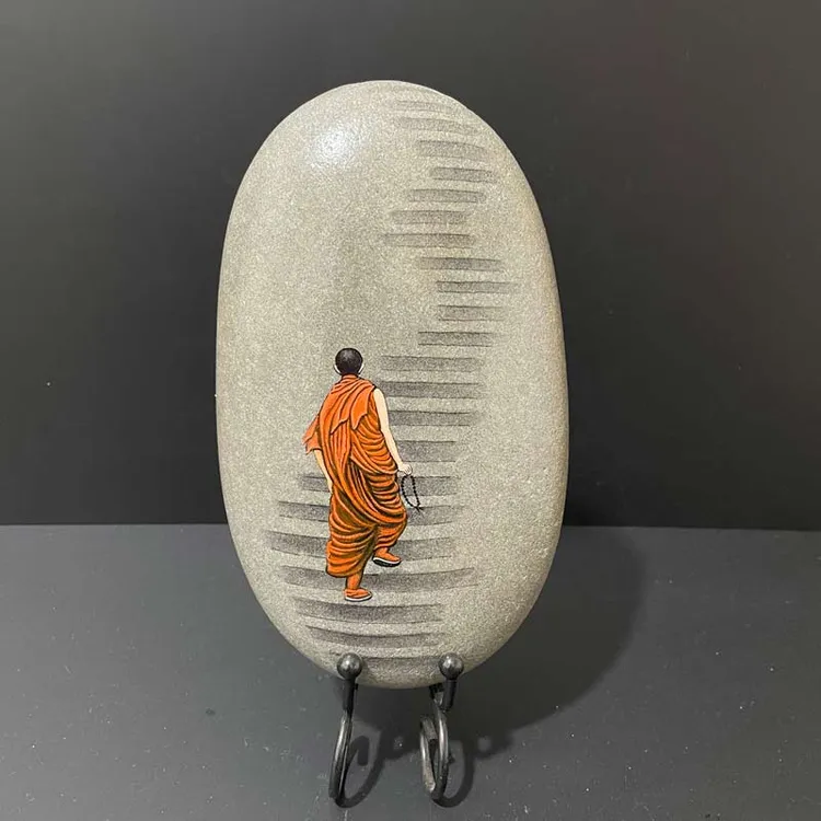 纯手绘防水不掉色丙烯石头画禅路办公室节日礼品摆件高端