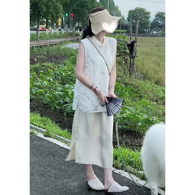 FRVXO【国色芳华】夏季新款百搭显瘦气质新中式上衣直筒半身裙套装