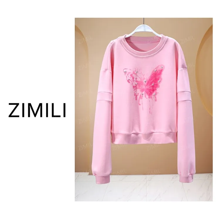 【亮哥欧货女装】2025冬季加厚《粉蝶》粉色蝴蝶印花钉钻卫衣6016-K3