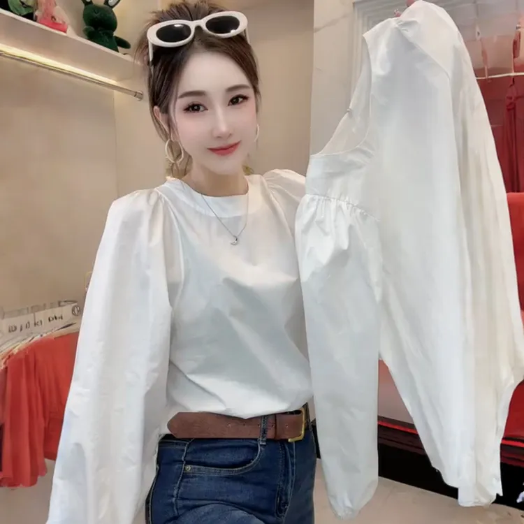 欧货时尚洋气泡泡袖白色衬衫女春秋季新款减龄百搭休闲显瘦上衣