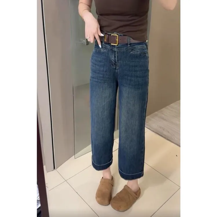 秋季新款高腰直筒牛仔裤子女小个子时尚百搭宽松显瘦九分法棍裤子