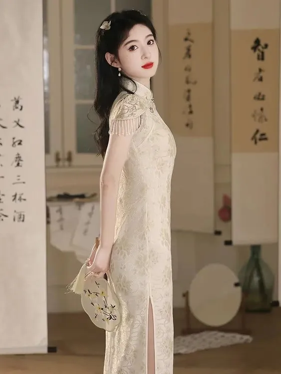 日常短袖中长裙复古风少女风旗袍修身显瘦小个子珠片