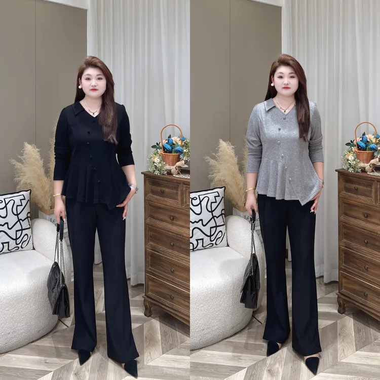 【上新上衣】PMM82159早秋新款气质百搭V领捏褶收肚子上衣大码女装