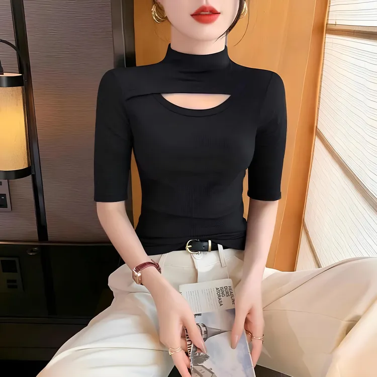 黑色螺纹半高领镂空中袖t恤女春秋修身设计感打底衫内搭中领上衣