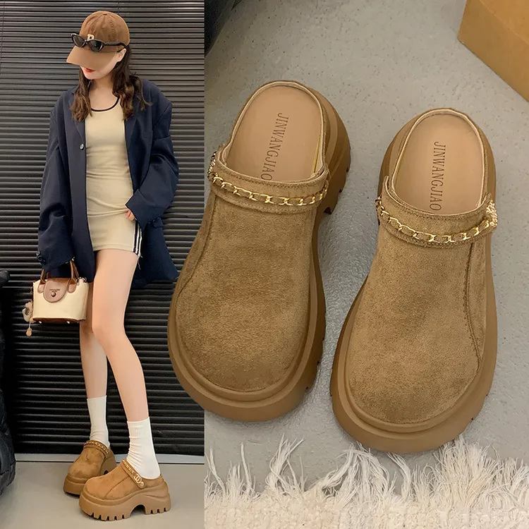 7CM~两穿勃肯包头拖女2025新款秋超火复古百搭厚底增高一脚蹬拖鞋