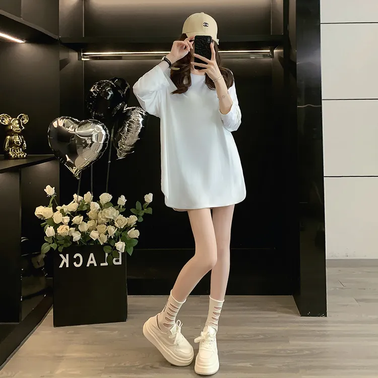 网红洋气纯棉女款圆领t恤秋冬韩系百搭宽松显瘦白上衣内搭打底衫