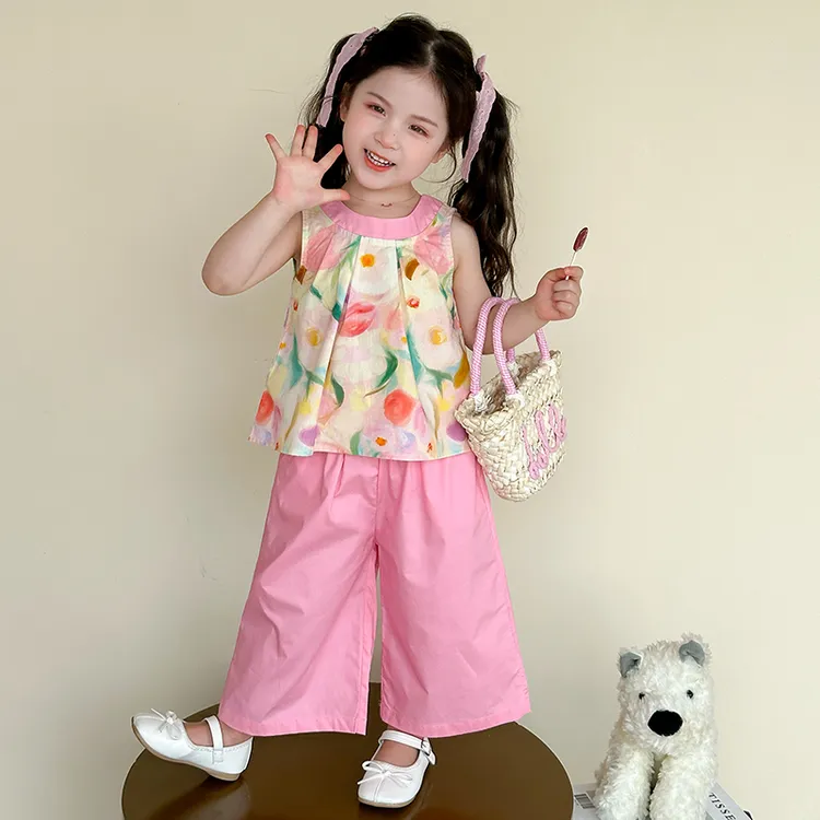 女童无袖套装夏季新款儿童莫奈花园背心阔腿裤洋气女孩碎花两件套