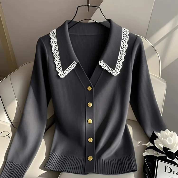 纯欲慵懒风女装灰色蕾丝花边针织衫早秋季新款高级感洋气长袖上衣