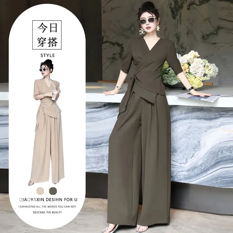 2025年新款高级感洋气套装大码气质V领绑带上衣阔腿裤两件套女