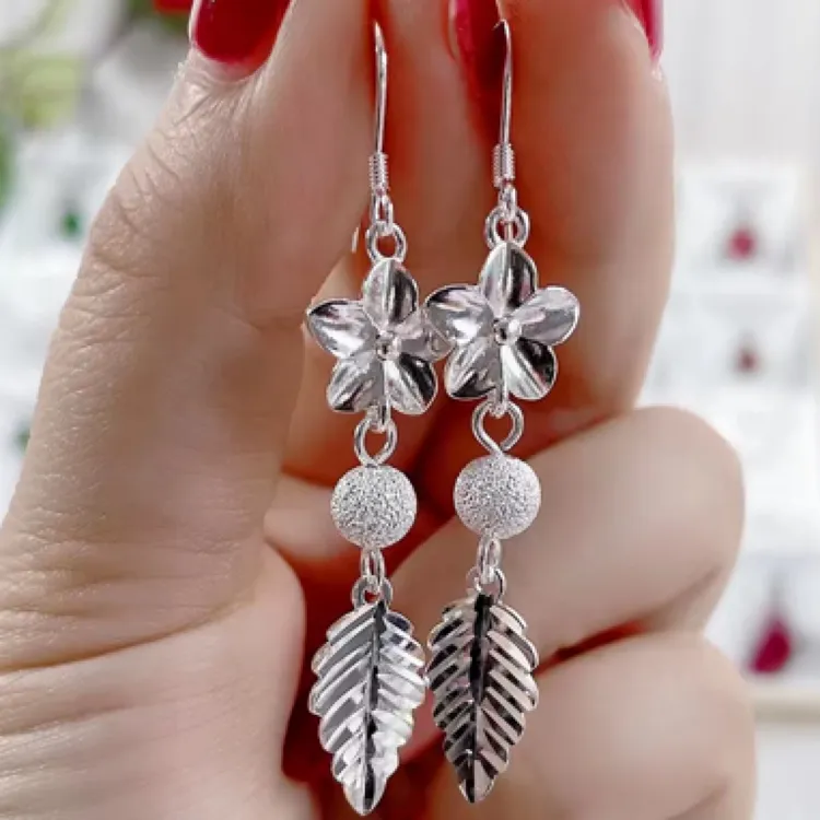 足银耳饰 足银990银百合叶子耳钩耳环0360