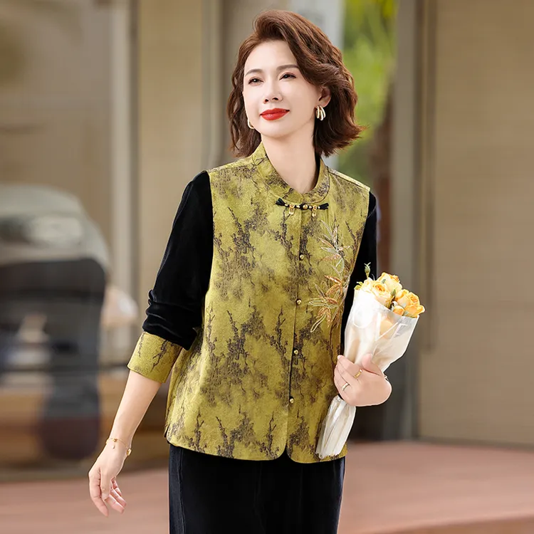 中式妈妈装春秋装套装长袖打底衫国风马甲阔腿裤中老年女装三件套