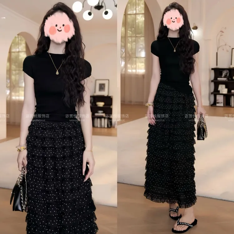 小众炸街高级感女装夏季短袖针织上衣百搭半身裙子套装洋气衣服女