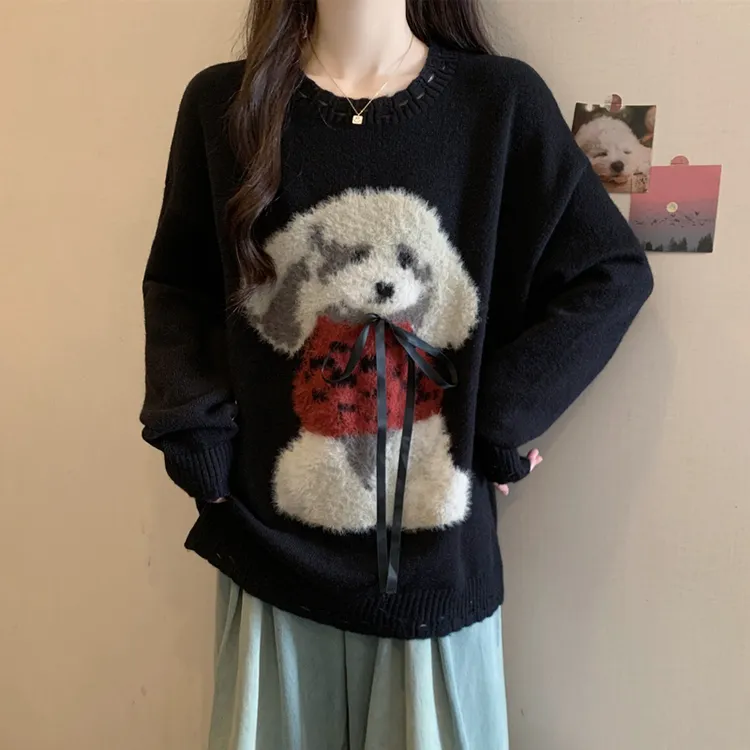宽松慵懒风秋冬毛衣女宽松遮肚子胖mm大码高级感狗狗图案针织上衣