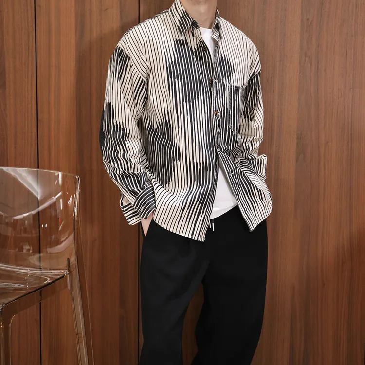 秋冬定制面料米白基底痞帅质感条纹翻领衬衫男宽松设计感小众